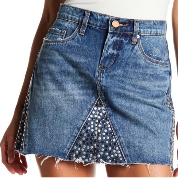 BLANK NYC Way Back When Studded Cut Off Denim Mini Skirt 27 - Picture 1 of 12